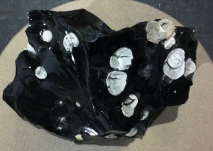 Obsidian with white calcite nodules, Anaconda Collection, NMHFM